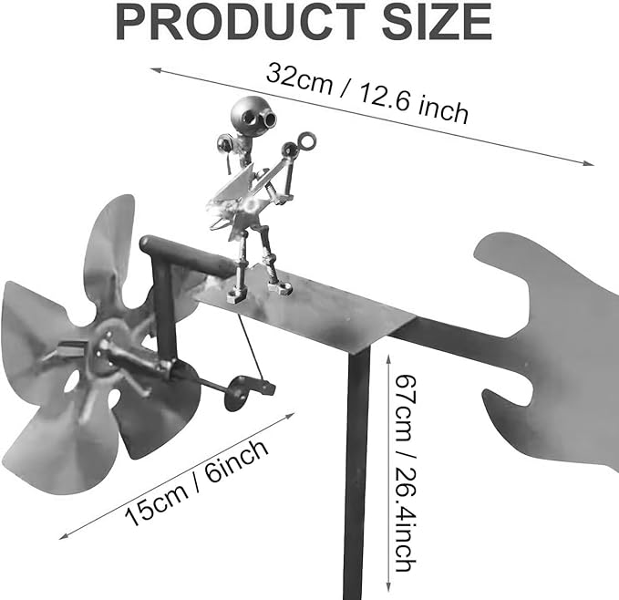 Handmade Metal Guitarist Windmill, Metal Art Musician Figurine Wind Mill, Percussionist and Musician Kinetic Spinners, for Garden, Yard, Lawn, Patio, Unique Art Gift for Music Lovers (Silver)