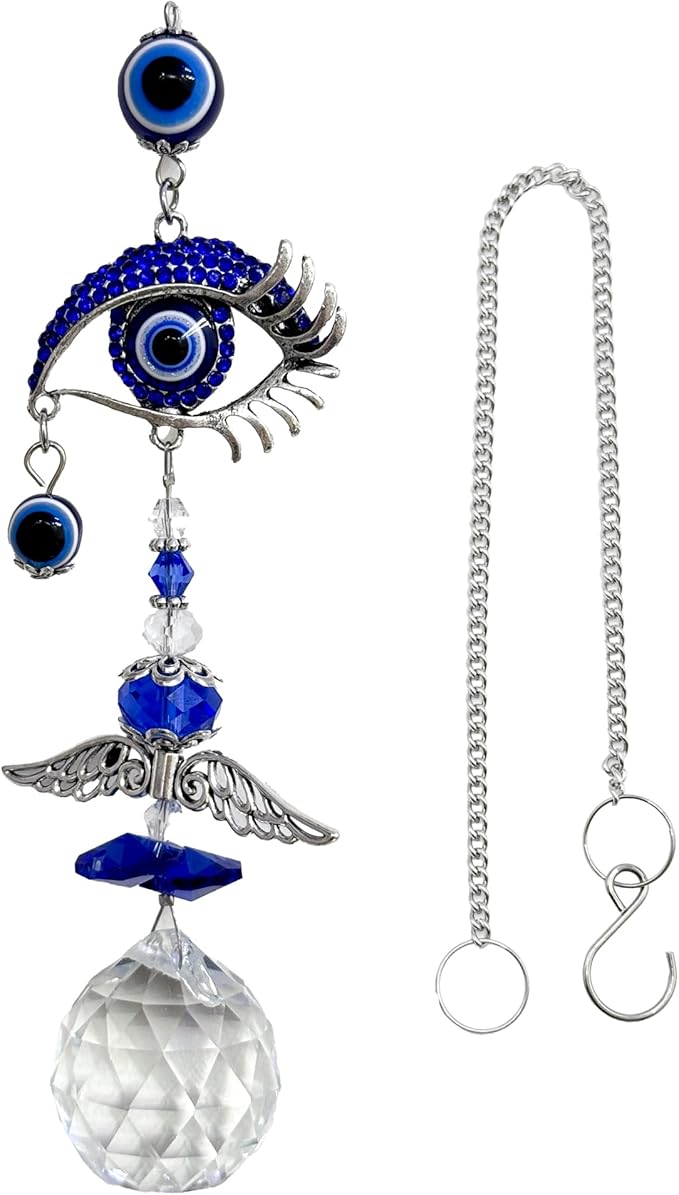 Crystal Suncatcher for Windows - Hanging Prism Sun Catchers with Crystal Balls&Blue Eye, Rainbow Maker for Home、 Garden、Car Decor (Evil Eye)
