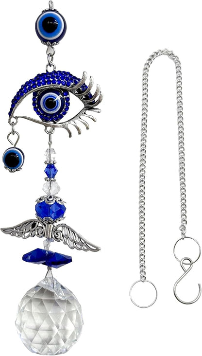 Crystal Suncatcher for Windows - Hanging Prism Sun Catchers with Crystal Balls&Blue Eye, Rainbow Maker for Home、 Garden、Car Decor (Evil Eye)