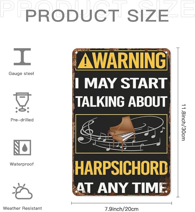Vintage Tin Metal Funny Wall Decor Signs Warning Harpsichord Harpsichordist for Home,Garden,Patio,Office,Kitchen,8x12 Inches Retro Room Decorations
