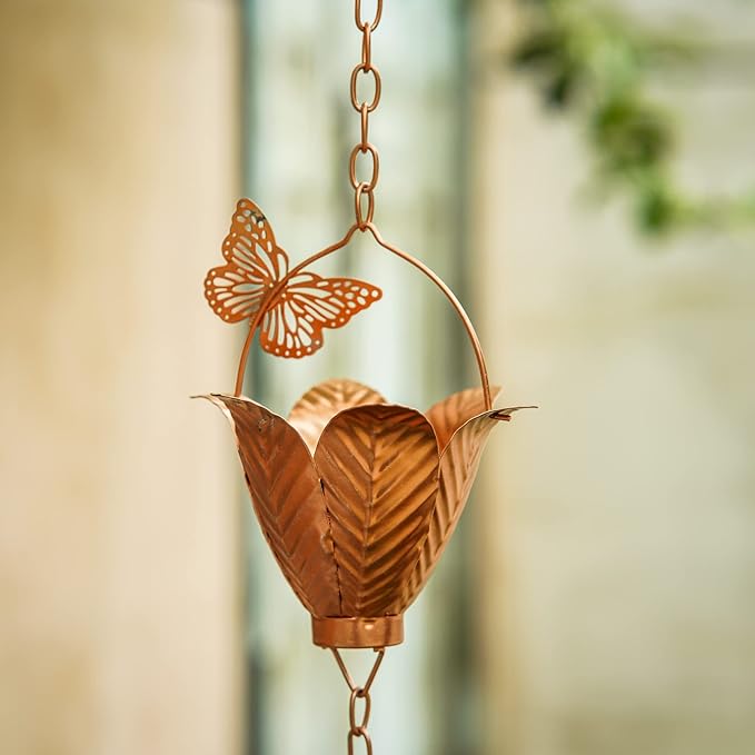 Topadorn 8.7 FT Rain Chain Iron Butterfly Gutter Chains with 10 Rain Collector Thick Iron Flower Cups Garden Decoration