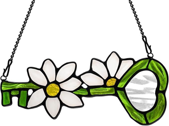 Key Decor Stained Glass Suncatcher White Flower Ornament,Artificial Floral Glass Suncatcher,Stained Glass Window Hanging Daisy Flower Gift for Women Mom Grandma