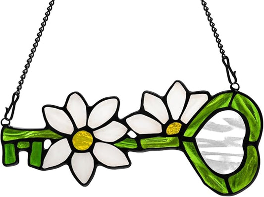Key Decor Stained Glass Suncatcher White Flower Ornament,Artificial Floral Glass Suncatcher,Stained Glass Window Hanging Daisy Flower Gift for Women Mom Grandma