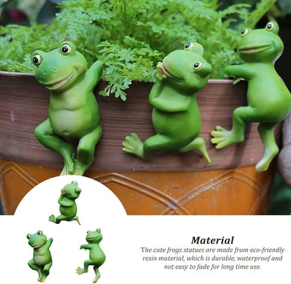 Garden Sculptures, Cute Frog Figurines Hanging Animal Statue Garden Ornaments Decor for Flower Pot Fence Yard 3 Pcs