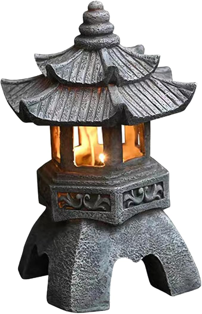 Naisicore Solar Pagoda Statues, 10.2inch Resin Japanese Pagoda Sculpture with Solar Lantern, Zen Garden Waterproof Landscape Decorative Ornament for Patio Porch Yard Art Decor (Style 1)