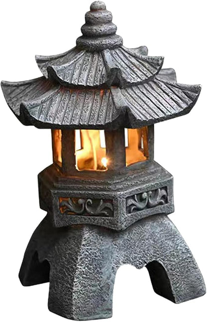 Naisicore Solar Pagoda Statues, 10.2inch Resin Japanese Pagoda Sculpture with Solar Lantern, Zen Garden Waterproof Landscape Decorative Ornament for Patio Porch Yard Art Decor (Style 1)