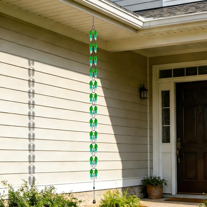 dreamysoul Rain Chains for Outside, 7.87FT Adjustable Green Glass Leaf Rain Chain, Rain Catcher Chains for Gutters Downspout, Eaves, Drainage