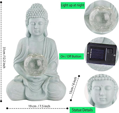 Buddha Garden Statue with Solar Light, Solar Meditating Garden Buddha with Cracked Glass Ball Sculpture-Indoor/Outdoor Decor for Balcony,Patio,Porch Yard Art Ornament,Gift