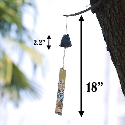 Japanese Wind Chime Cast-Iron Outdoor Ornament for Garden, Patio & Balcony, Hanging Metal Wind-Bell Decoration Gift, Blessing Pendant Windchimes & PVC Wind-Catcher, Fortune Cat - Black