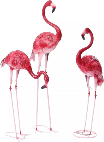 3 Pack Flamingo Ornament,Flamingo Garden Statues and Sculptures,Metal Birds Yard Art Outdoor Statue, Red Pink Flamingo Lawn Ornaments for Home, Patio, Backyard Decor
