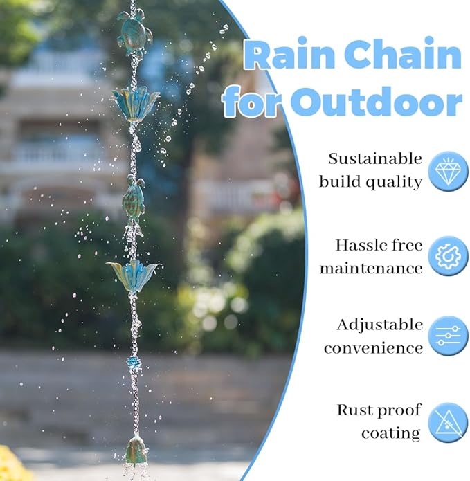 10ft Rain Chain for Outside, Rain Chain with 16 Cups, Adjustable Rain Catcher Chain for Outside, Replacement Downspout for Gutters, Eaves, Drainage