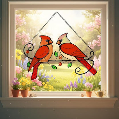 Cardinal Bird Stained Glass Window Hanging, Sun Catchers Indoor Panel, Nautical Suncatcher Decor for Home, Wall, Garden, Coastal Ornament, Gift for Women and Mom