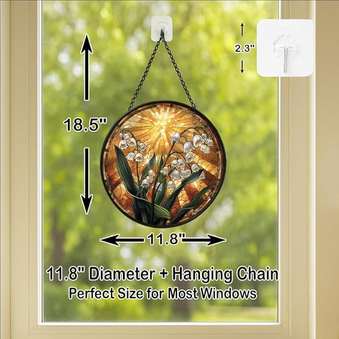 Stained Glass Window Hanging Lily of The Valley with Sunburst 11.8in Floral Sun Catcher, Vintage Rustic Home Decor