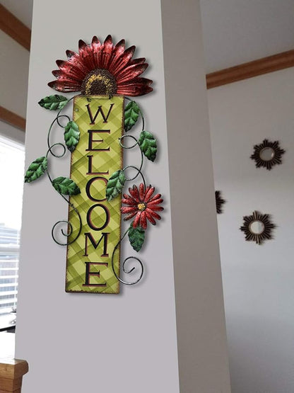 Welcome Sign for Front Door Decor Hanging Sign, Metal Flower Welcome Door Sign Wall Art Decor Hanging for Indoor Outdoor Patio Garden Yard Sign Porch Decoration 15.25X8.5In (A)
