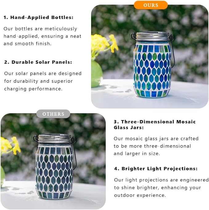 Starsoul 2 Pack Solar Lanterns Outdoor Waterproof, Decorative Teal Mosaic Glass Outdoor Lantern, Hanging Solar Garden Lights for Outside Pathway Patio Porch Yard Table, Gifts for Women Mom Grandma