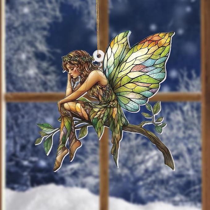 Stained Glass Fairy Ornament – Acrylic Suncatcher Window Hanging, Woodland Fantasy Decor, Christmas Tree Ornament 2026, Car Rearview Mirror Charm, Gift for Fairy Lovers, Women, Girls, Teachers(Sun-10)
