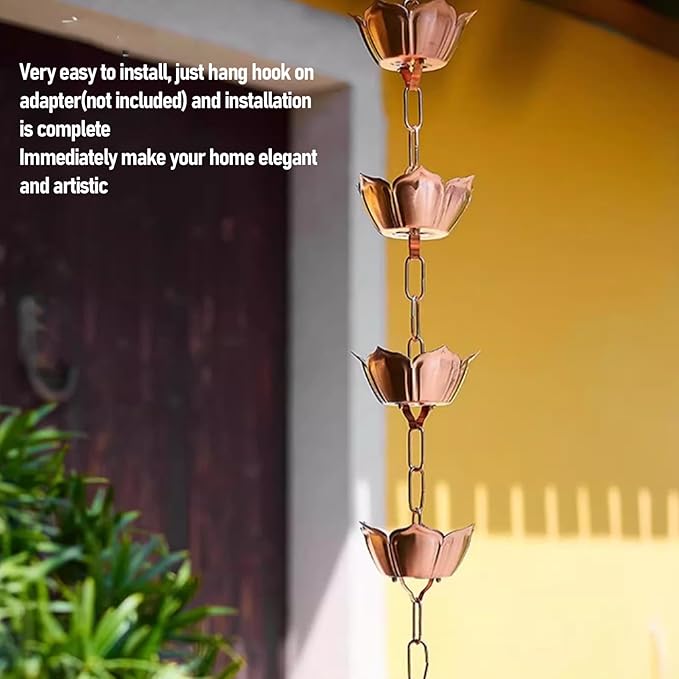 Aramox Copper Rain Chain with Flower Design, 1m/39.37in Length, Decorative Gutter Downspout Replacement for Garden