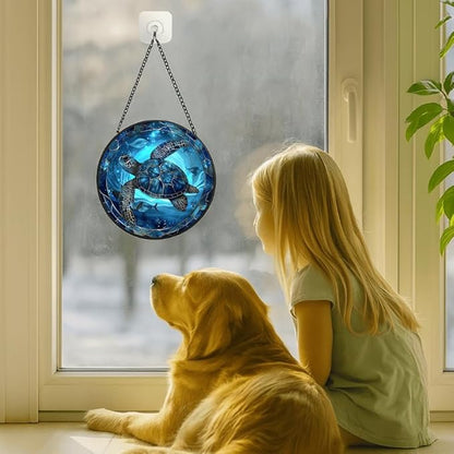 Stained Glass Window Hanging - Blue Rose and Vintage Frame Sun Catchers Indoor Stained Glass Panels Wall Decor for Mom, Wife, Lovers, Festive, 11.8in