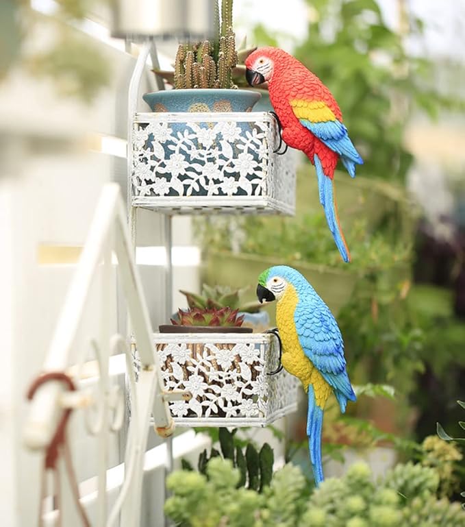 TAYASH Resin Parrot Flower Pot Hugger Decorations,Parrot Animal Sculpture Hanging Realistic Parrot Garden Ornament for Patio Yard Balcony Lawn Figurine Tree Decor (Red)