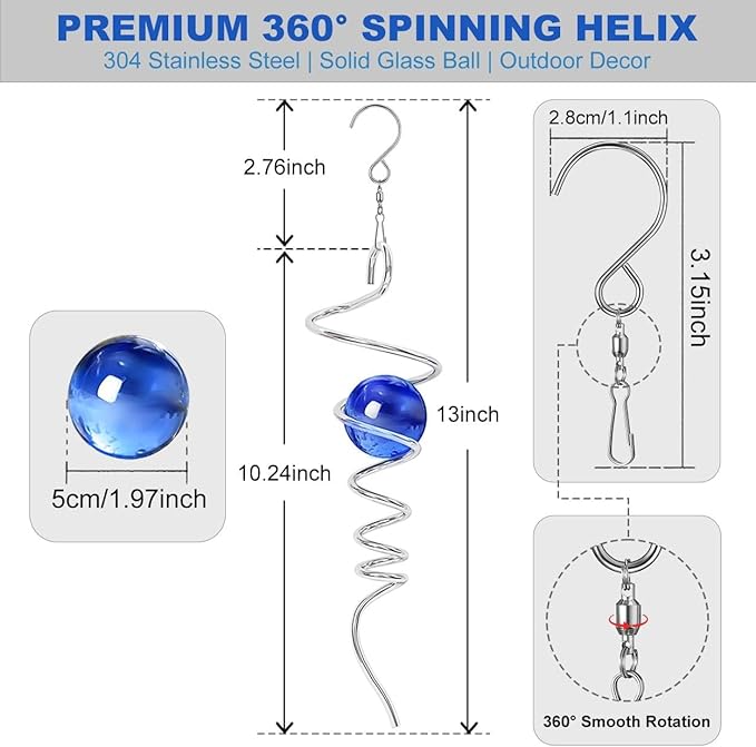 Gazing Ball Spiral Tail 13 Inch Stainless Steel with Hanging 360° Swivel Hook, Dark Blue Crystal Glass Orb Captivating Visual Illusion Wind Spinner Spinning Garden Yard Patio Spinfinity Decor Gift