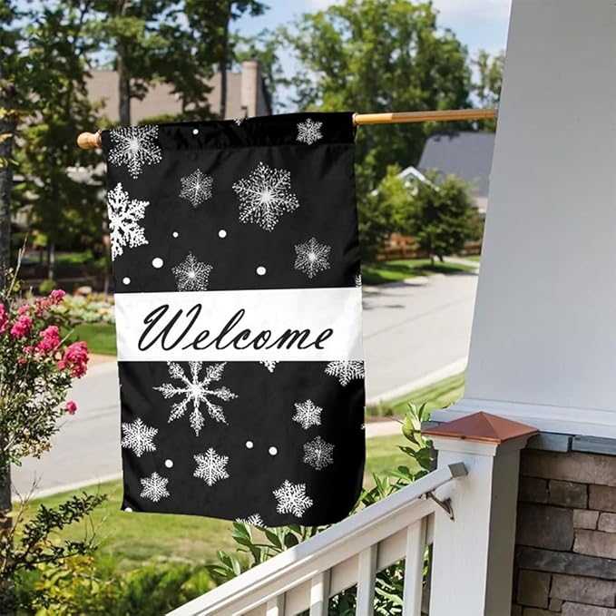 Gkyygk Winter Snowflake Christmas Welcome Garden Flag 12x18 Inch Double Sided Small Burlap Banners Yard House Decor for Men Women