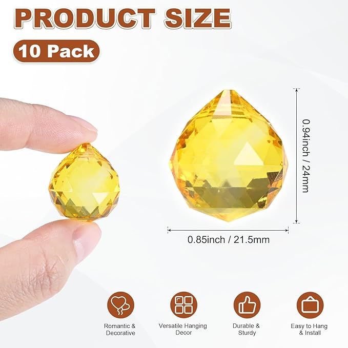 M METERXITY 10-Pack Crystal Ball Prisms, 24mm/0.94 Inch Chandelier Pendant Maker Hanging Crystals Chandelier Prisms for Home/Windows/Garden/DIY Decoration[Yellow]