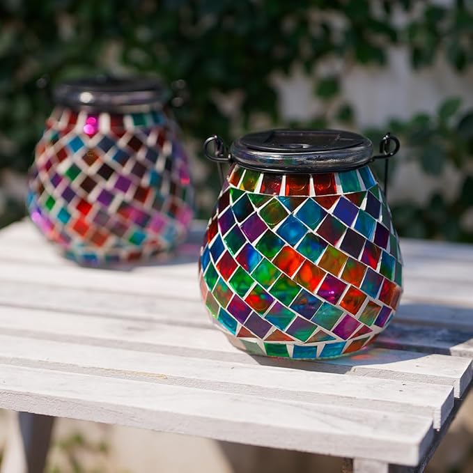 Stargarden Mosaic Solar Lanterns Outdoor Waterproof, Colorful Glass Hanging Lantern Decorative Solar Lights for Yard, Patio, Lawn, Gaden Decor
