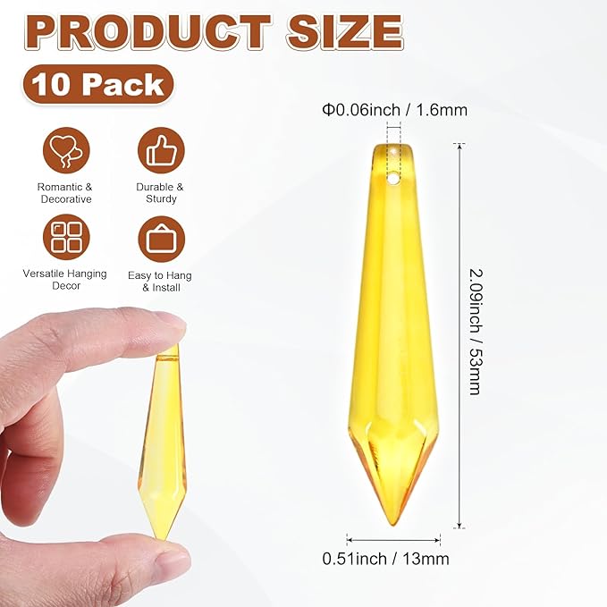 M METERXITY 10-Pack Crystal Icicle Prisms, 53mm/2.09 Inch Chandelier Pendant Maker Hanging Crystals Chandelier Prisms for Home/Windows/Garden/DIY Decoration[Golden Yellow]
