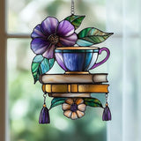 Hibiscus Tea Cup and Books Acrylic Suncatcher Stained Glass Effect Window Car Hanging Christmas Ornament Indoor Outdoor Decor Garden Sun Catcher Panel for Book Lover for Women Mom Grandma