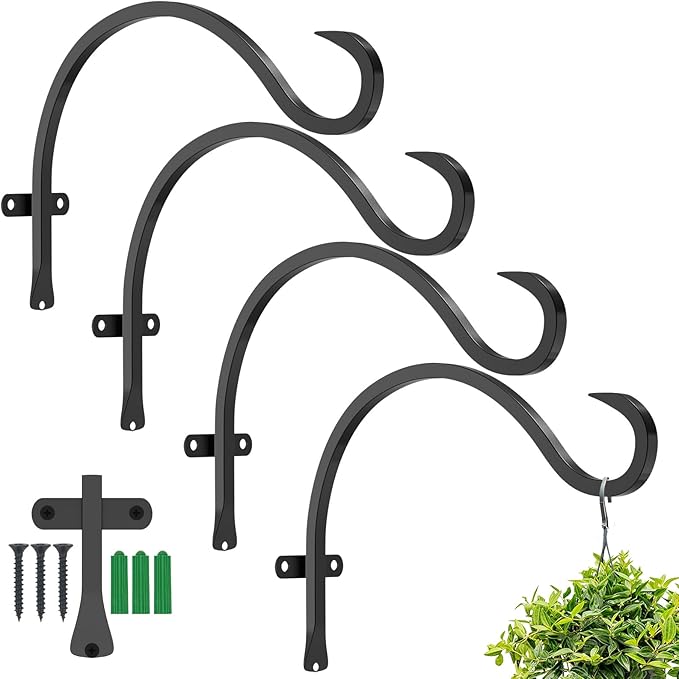 12 Inch Heavy Duty Plant Hanger Wall Hook 4 Pack - Black Iron Hanging Plant Bracket Holds 44 lbs - Rust Resistant Indoor Outdoor Hooks for Bird Feeders Lanterns Wind Chimes Hanging Baskets with Screws