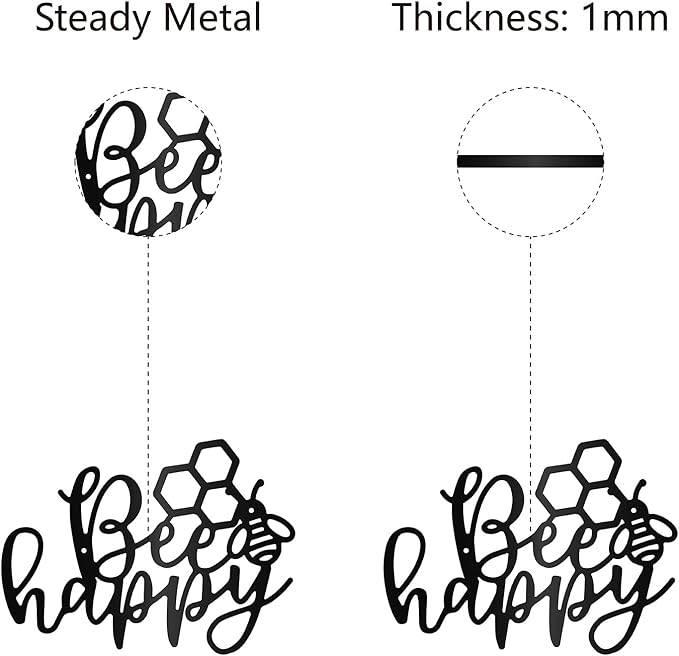 CREATCABIN Bee Happy Metal Wall Art Decor Wall Sculpture Hanging Decoration Sign Iron Outline Wall Art Black Rustic Decor Ornament Wall for Garden Indoor Outside Living Room Home Office 12 x 8.7Inch