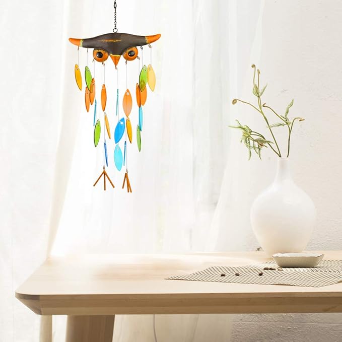 Vindar Wind Chime, Iron Folk Art Owl Model Design Glass Wind Chimes for Wall Hanging Home Art Decor, Beautiful Apartment Room Dorm Decoration, Great Gift Decor for Terrace,Patio,Porch,Garden,Backyard