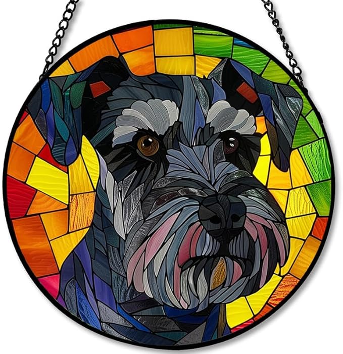 Stained Glass Window Hanging Schnauzer Dog， 7.8in Sun Catchers Panel for Indoor Decorative Display for Mom， Wife， Lovers， Festive