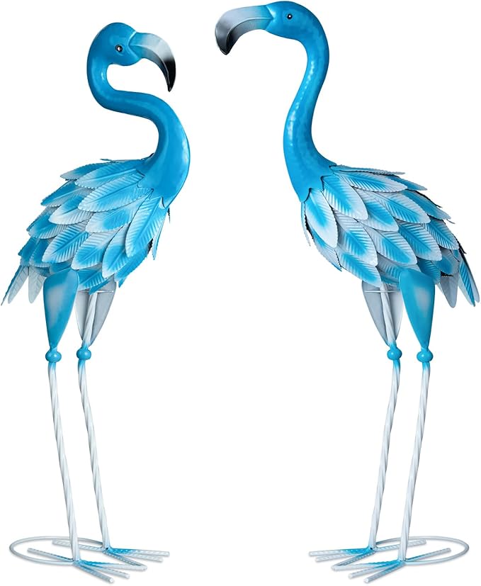 Metal Flamingo Statues, 2Pcs Blue Flamingo Yard Art Sculptures for Garden Home Patio Lawn Backyard Decorations