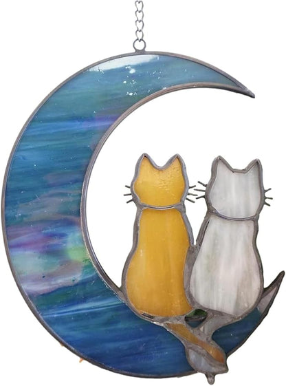 Blue Moon Cat Window Decoration Hanging, Alloy Stained Painting, Acrylic Moon Wall Decor for Courtyard, Gift for Pet Animal Enthusiasts