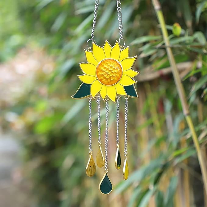 Sunflower Wind Chimes Ornaments, Small Beautiful Stained Glass Window Hanging Panel Decoration with Chain for Home Panel Patio Porch Garden Backyard Decor Gift(Size:30 x 8 cm)