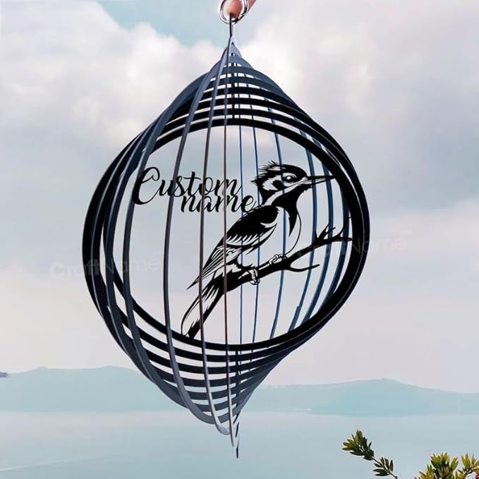 Personalized Woodpecker Metal Wind Spinner, Custom Hanging Artwork for Outdoor Decor, Kinetic Yard Ornament, Bird Lover Gift (Woodpecker Garden Wind Spinner)