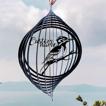 Personalized Woodpecker Metal Wind Spinner, Custom Hanging Artwork for Outdoor Decor, Kinetic Yard Ornament, Bird Lover Gift (Woodpecker Garden Wind Spinner)