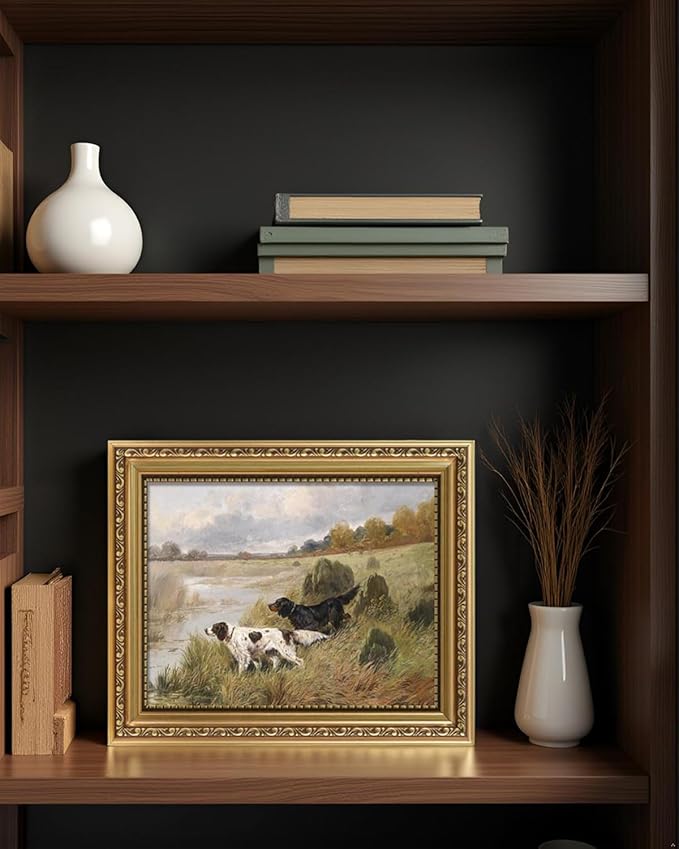 ARPEOTCY Vintage Gold Framed Wall Art, Retro River Dog Landscape Paintings, 8x10 inch Small Canvas Prints Artwork with Antique Frame, Victorian Wall Picture Decor for Room Gallery Living Room Shelf