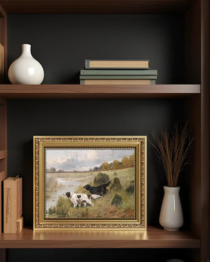 ARPEOTCY Vintage Gold Framed Wall Art, Retro River Dog Landscape Paintings, 8x10 inch Small Canvas Prints Artwork with Antique Frame, Victorian Wall Picture Decor for Room Gallery Living Room Shelf