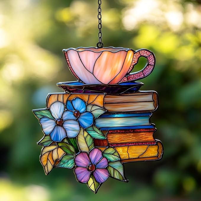 Tea and Books Acrylic Suncatcher Stained Glass Effect Window Car Hanging Christmas Ornament Indoor Outdoor Decor Garden Sun Catcher Panel for Book Lover for Women Mom Grandma