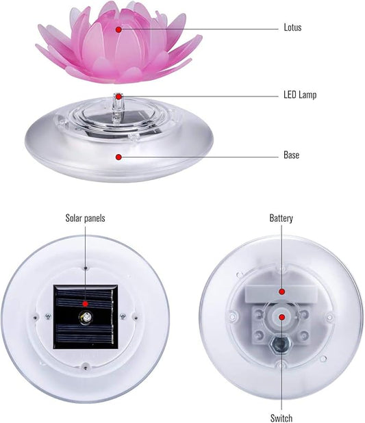 Larekook 1 Pack Solar Lotus Pond Lights, Floating Color Changing Lotus Flower Pool Lights Led Waterproof Outdoor Swimming Pool Pond Submersible Lights