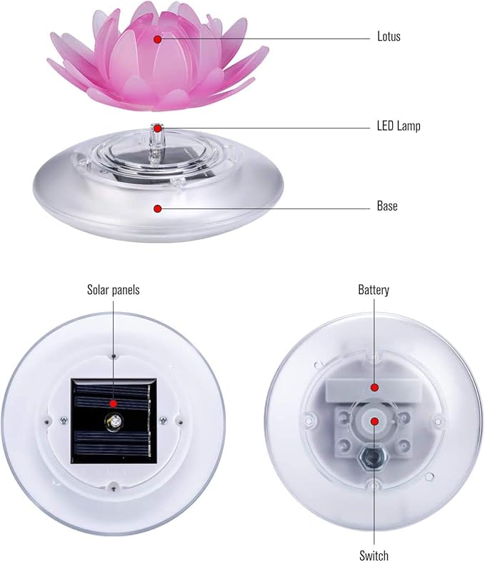 Larekook 2 Pack Solar Lotus Pond Lights, Floating Color Changing Lotus Flower Pool Lights Led Waterproof Outdoor Swimming Pool Pond Submersible Lights