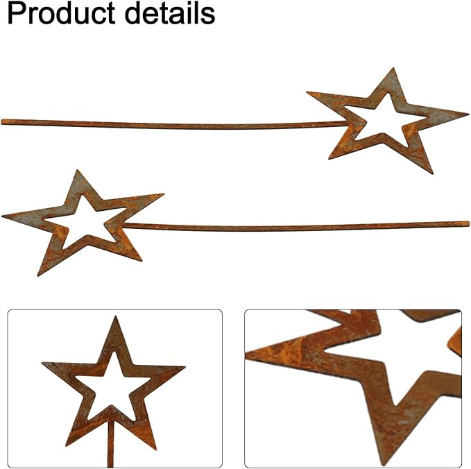 Rusty Star Garden Decor for Outdoor Courtyard and Flower Pot, Iron for Art Stake with Natural Rust Finish, 2-Pack, 250x90mm