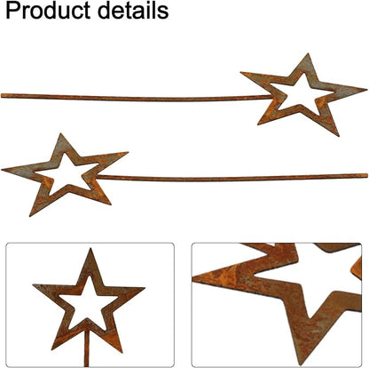 Rusty Star Garden Decor for Outdoor Courtyard and Flower Pot, Iron for Art Stake with Natural Rust Finish, 2-Pack, 250x90mm