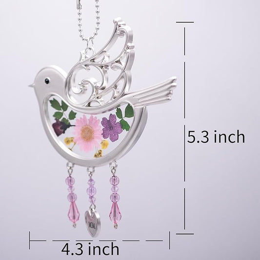 Laraine Bird Suncatcher with Pressed Flower Wings Mather's Day Birdie Glass Wind Chime Ornament Charm with Metal Heart Gifts for Mom Grandma Aunt Birthday (Pink, Mom)