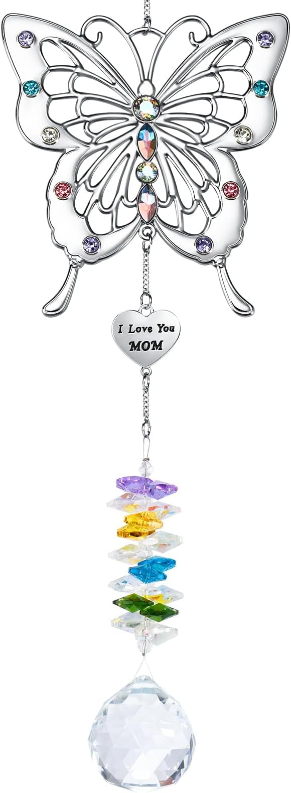 VIVIKEN Butterfly Suncatcher with The Tag of I Love You Mom Mother’s Day Butterfly Rainbow Maker Window Decor Wind Chime Crystal Ball Ornament Sun Catcher Gifts to Mom for Birthday Christmas