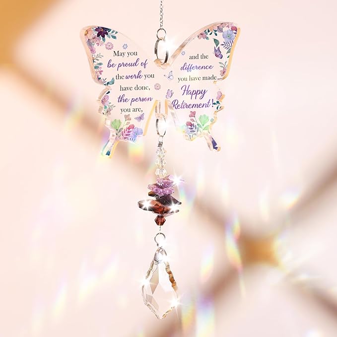 Funnli Retirement Gift for Woman Purple Crystal Window Hangings Decor, 2026 Retired Gifts, Retirement Gifts for Women Friends Coworkers Nurse Boss Employee Butterfly Acrylic Plaque