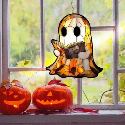 Spooky Ghost Reading Book Acrylic Suncatcher Hanging Christmas Ornament Stained Glass Effect Window Car Indoor Outdoor Decor Garden Sun Catcher Gifts Book Lover Decorations for Women Mom Grandma