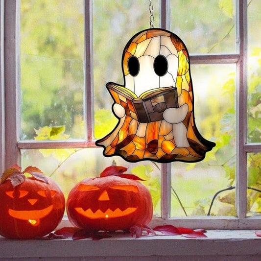 Spooky Ghost Reading Book Acrylic Suncatcher Hanging Christmas Ornament Stained Glass Effect Window Car Indoor Outdoor Decor Garden Sun Catcher Gifts Book Lover Decorations for Women Mom Grandma